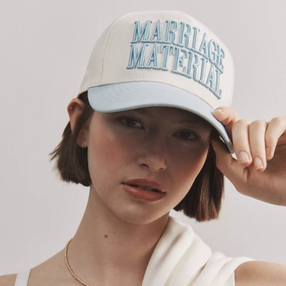 NWT BRIDEMERCH Marriage Material Baseball Cap- Light Blue (Anthropologie)